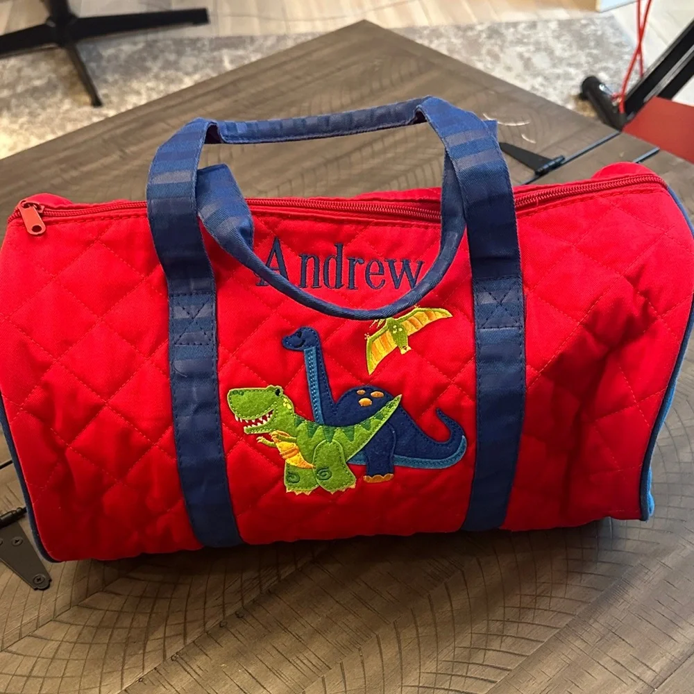 Kids Red and Blue Dinosaur Overnight Travel Quilted Bag